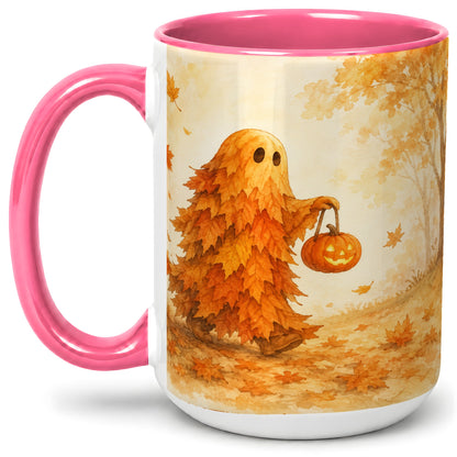 #pl[15oz|Pink] Autumn Leaf Ghost Ceramic Mug, Pumpkin Halloween Art for Fall Fans