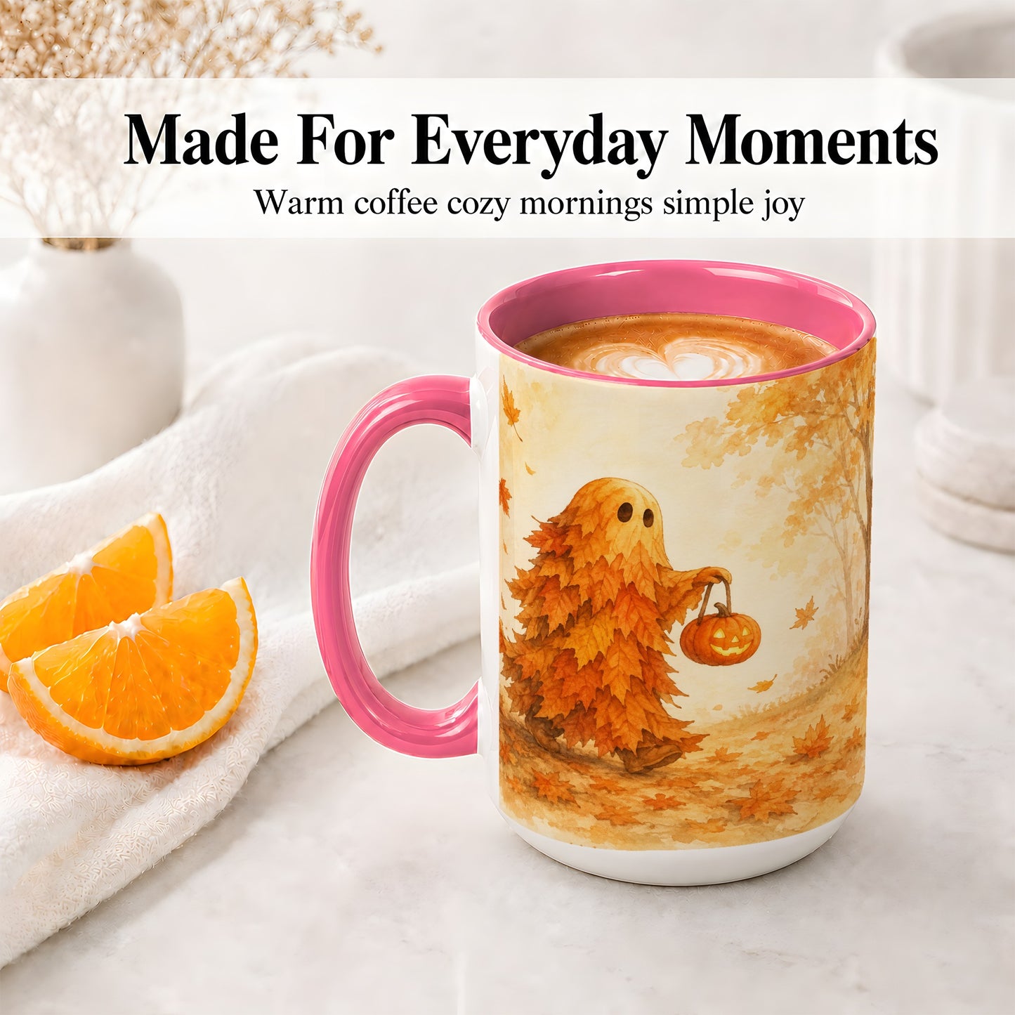 #pl[15oz|Pink] Autumn Leaf Ghost Ceramic Mug, Pumpkin Halloween Art for Fall Fans