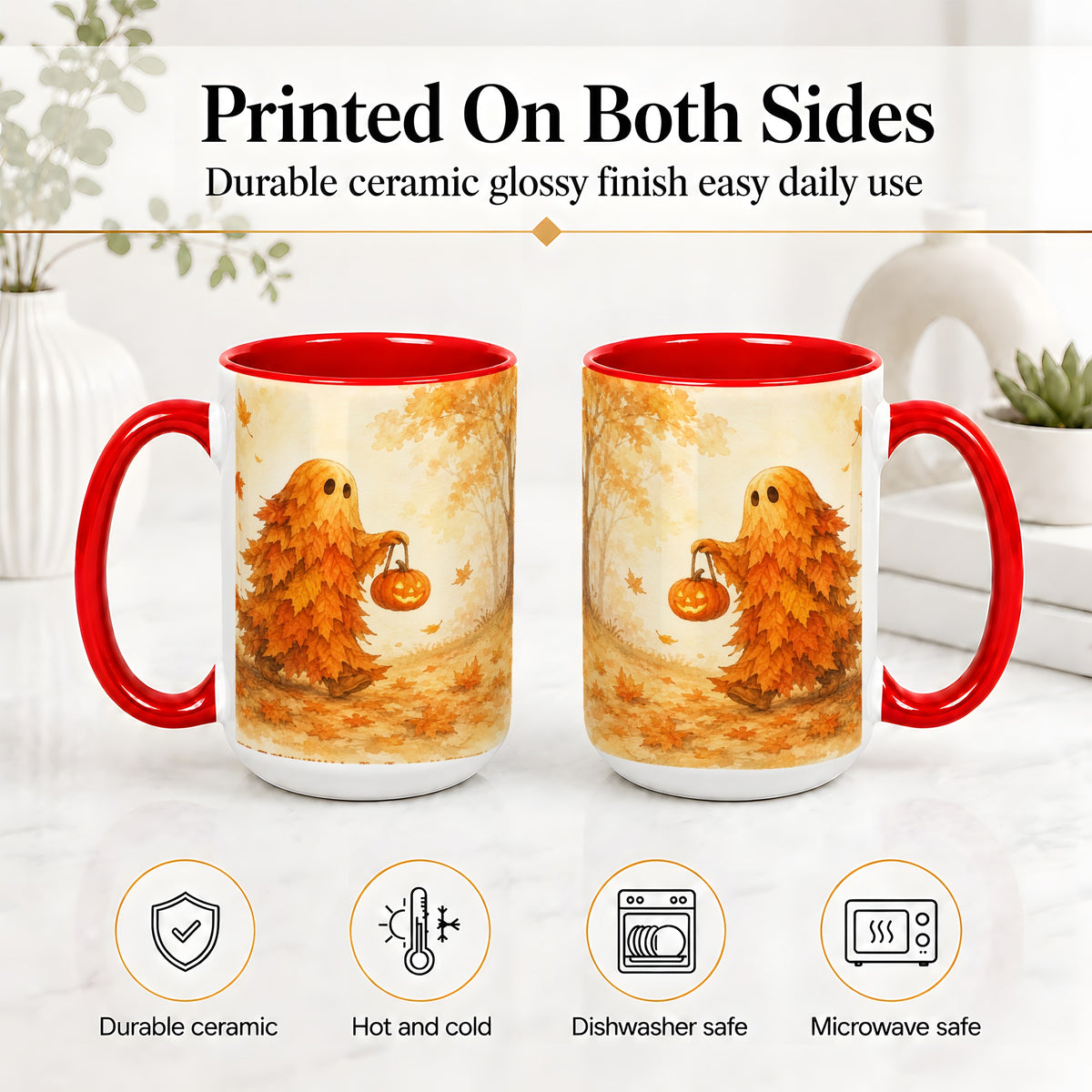 #pl[15oz|Red] Autumn Leaf Ghost Ceramic Mug, Pumpkin Halloween Art for Fall Fans