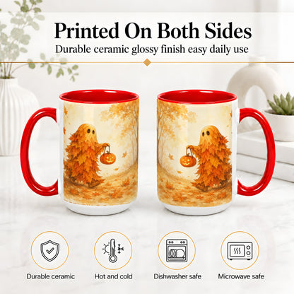 #pl[15oz|Red] Autumn Leaf Ghost Ceramic Mug, Pumpkin Halloween Art for Fall Fans