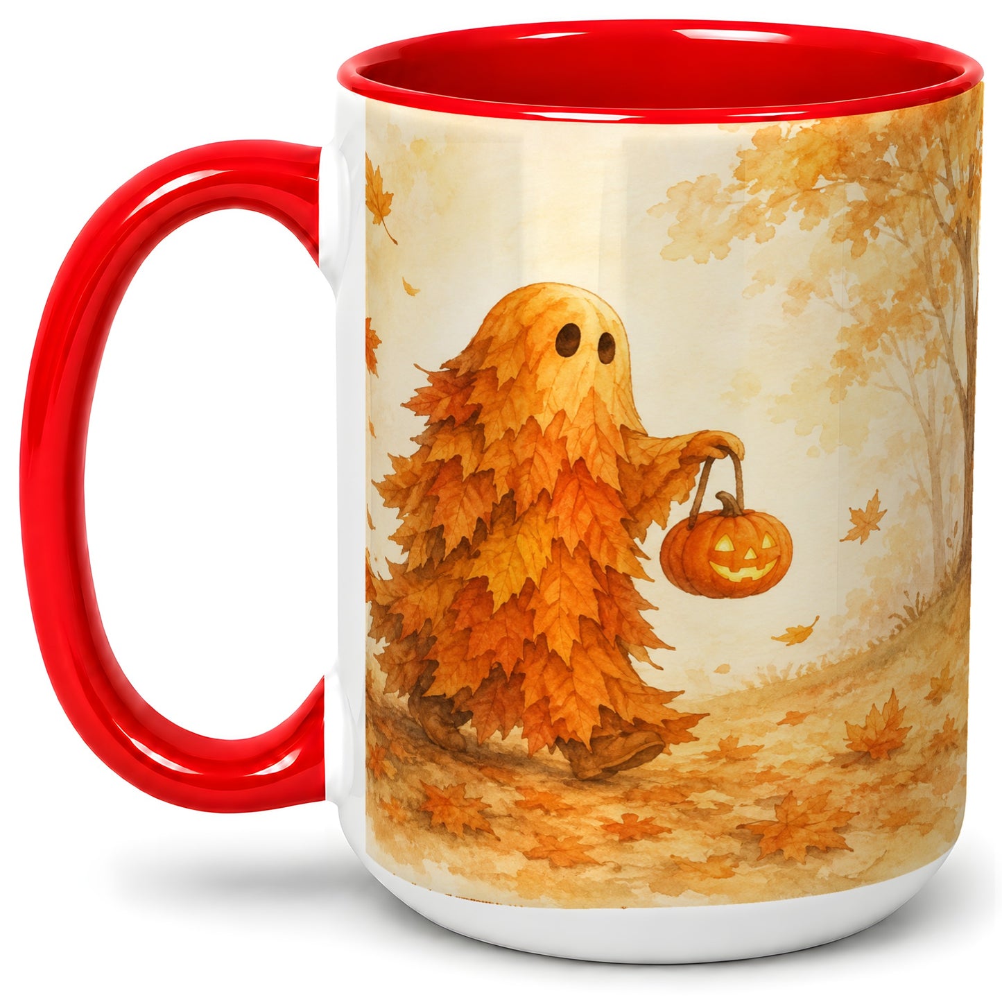 #pl[15oz|Red] Autumn Leaf Ghost Ceramic Mug, Pumpkin Halloween Art for Fall Fans