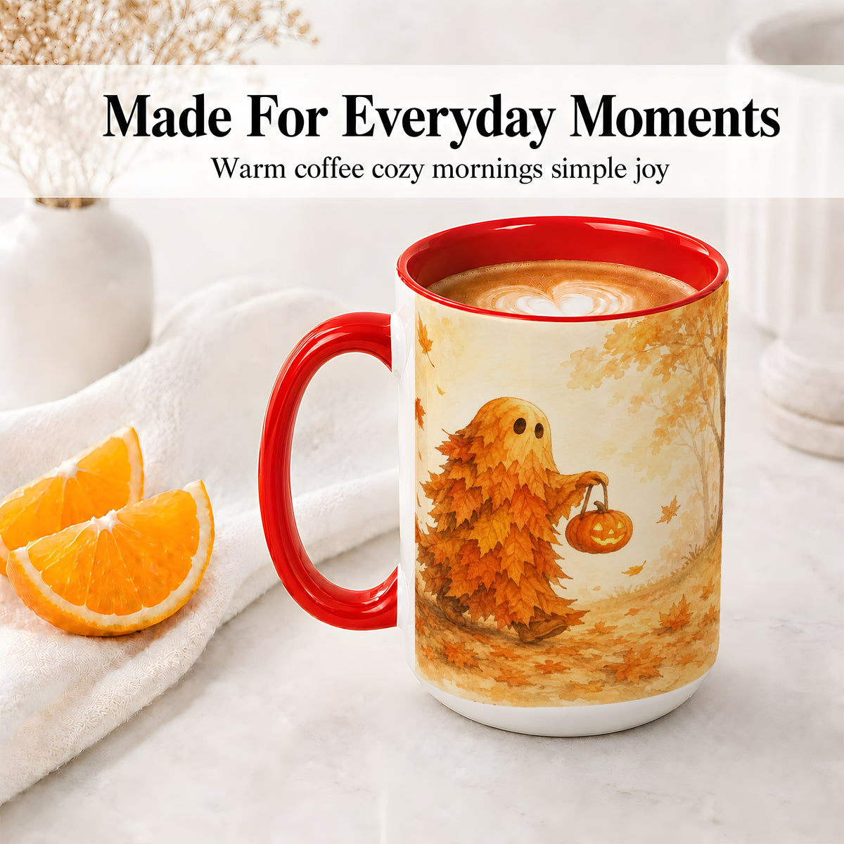 #pl[15oz|Red] Autumn Leaf Ghost Ceramic Mug, Pumpkin Halloween Art for Fall Fans