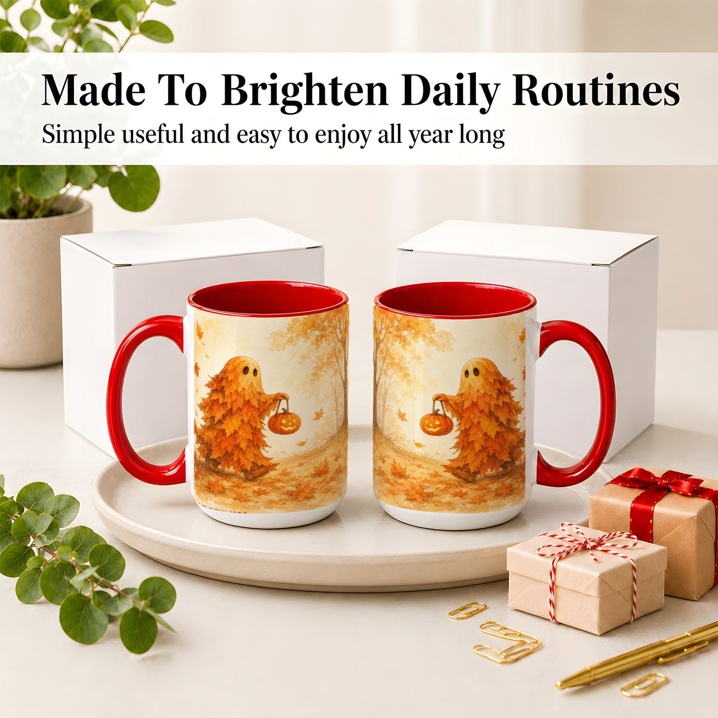 #pl[15oz|Red] Autumn Leaf Ghost Ceramic Mug, Pumpkin Halloween Art for Fall Fans