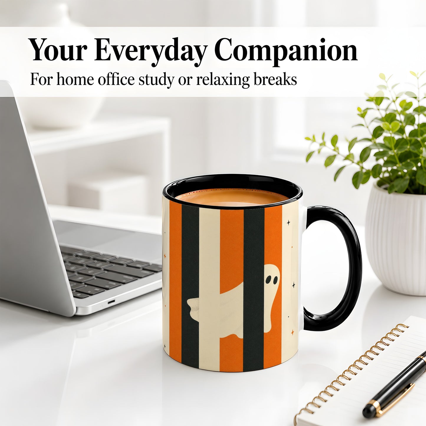 #pl[11oz|Black] Retro Ghost Stripe Ceramic Mug, Orange Black Halloween Artwork