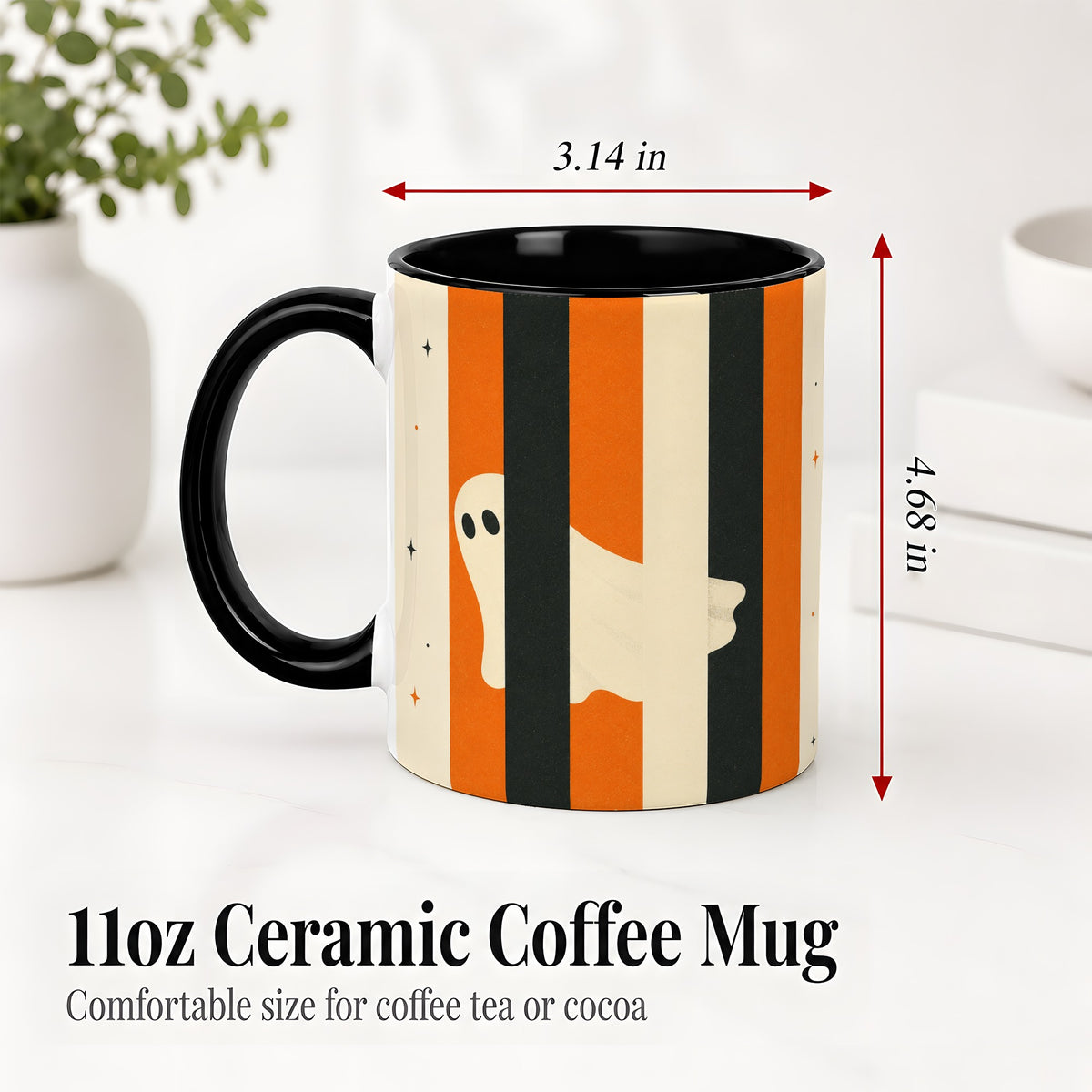 #pl[11oz|Black] Retro Ghost Stripe Ceramic Mug, Orange Black Halloween Artwork