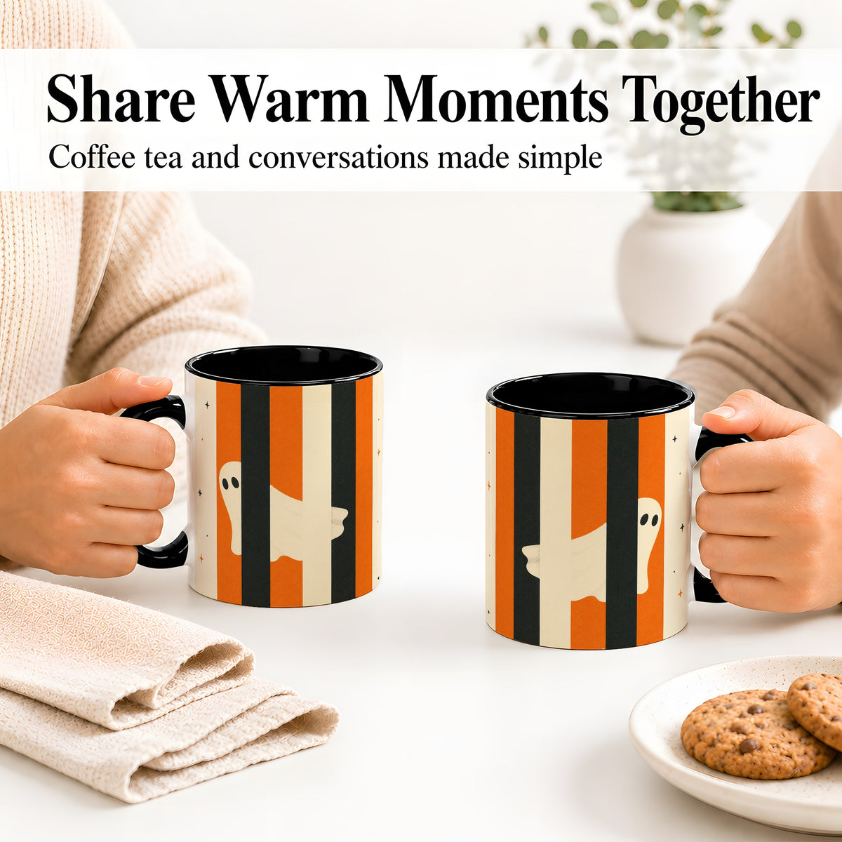 #pl[11oz|Black] Retro Ghost Stripe Ceramic Mug, Orange Black Halloween Artwork
