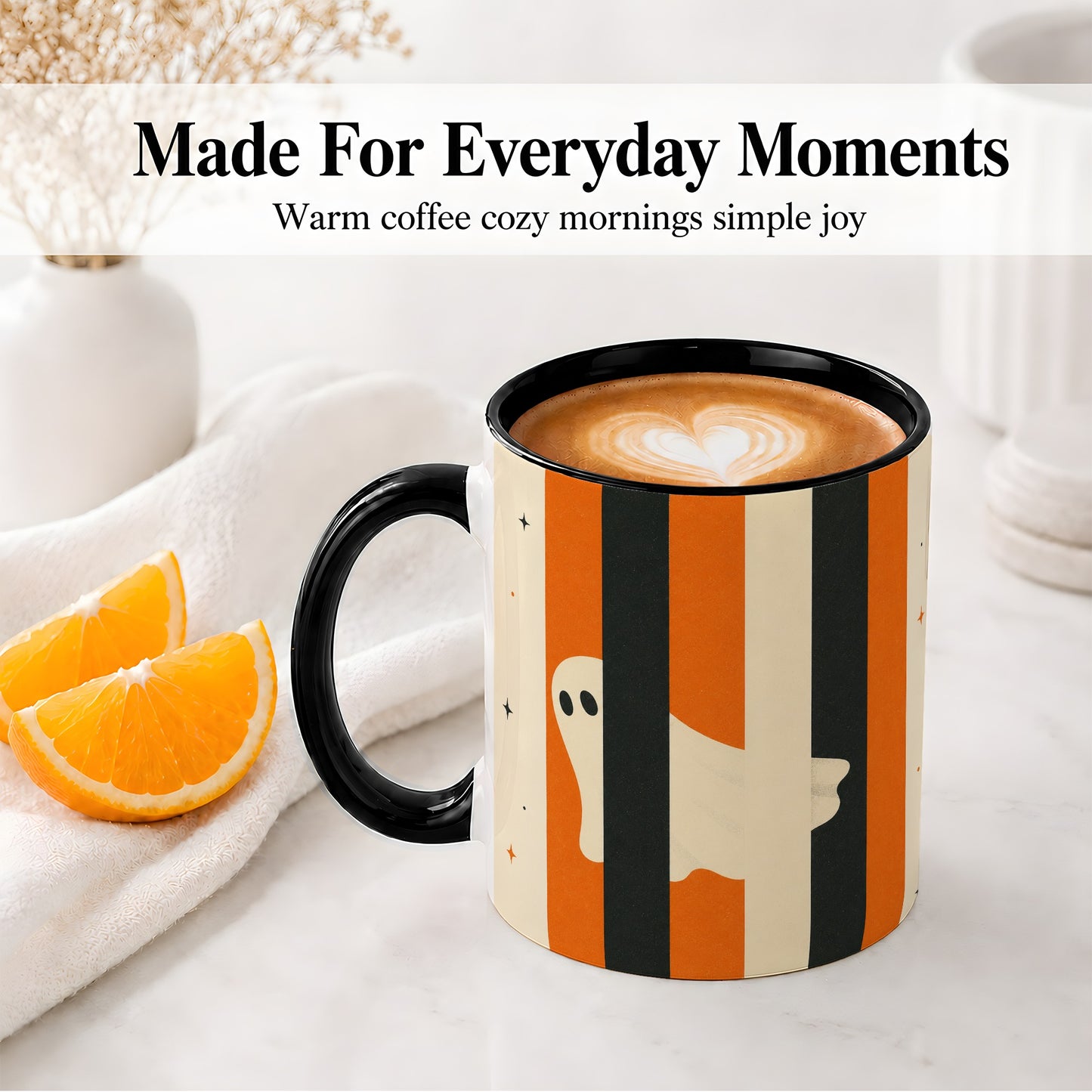 #pl[11oz|Black] Retro Ghost Stripe Ceramic Mug, Orange Black Halloween Artwork