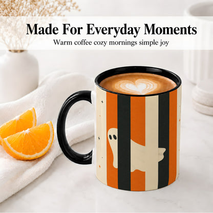 #pl[11oz|Black] Retro Ghost Stripe Ceramic Mug, Orange Black Halloween Artwork