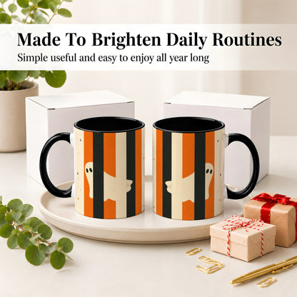 #pl[11oz|Black] Retro Ghost Stripe Ceramic Mug, Orange Black Halloween Artwork