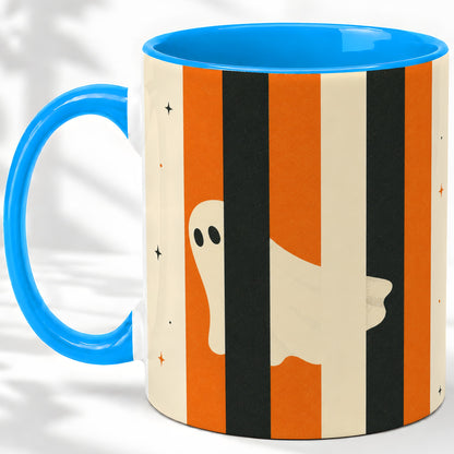 #pl[11oz|Blue] Retro Ghost Stripe Ceramic Mug, Orange Black Halloween Artwork