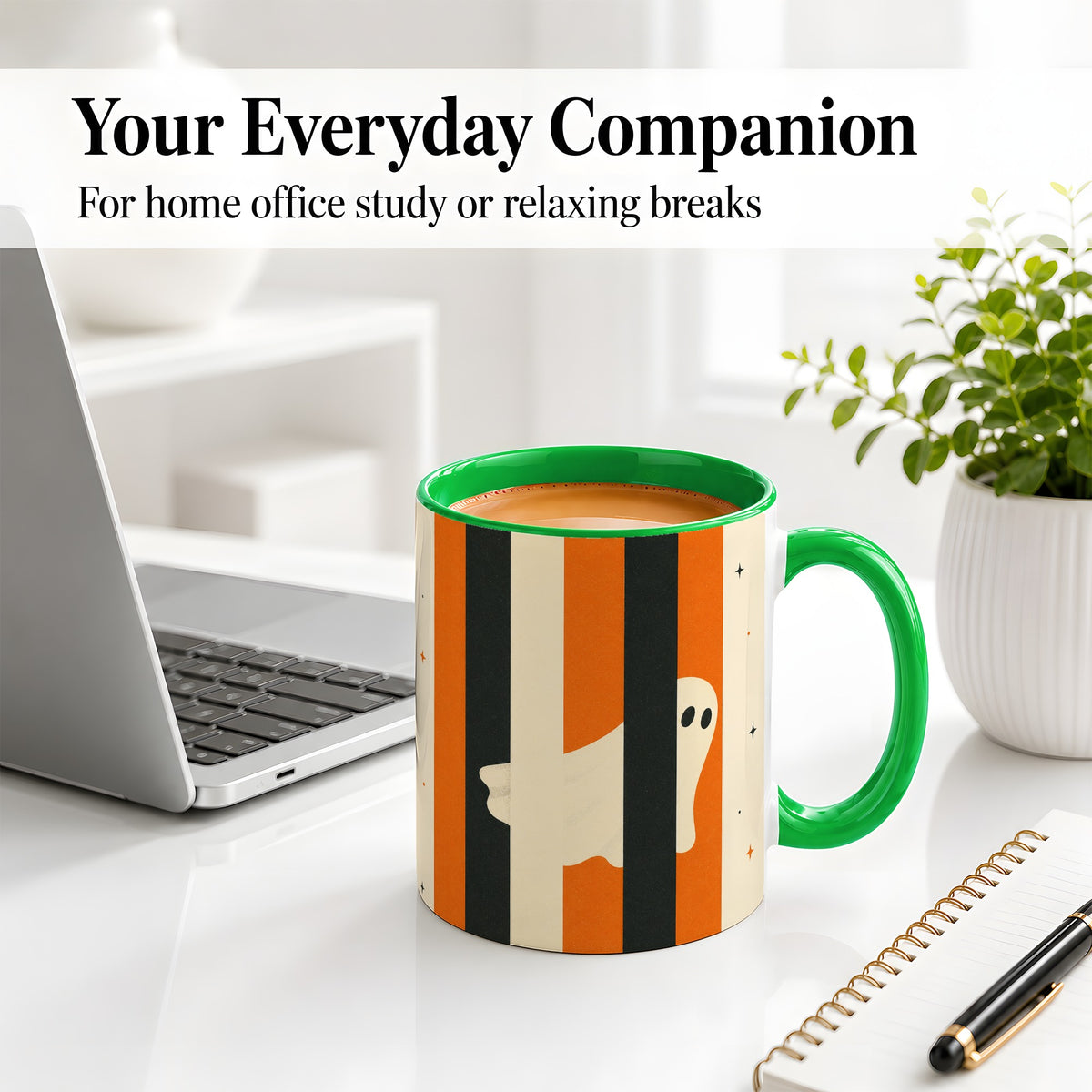 #pl[11oz|Green] Retro Ghost Stripe Ceramic Mug, Orange Black Halloween Artwork