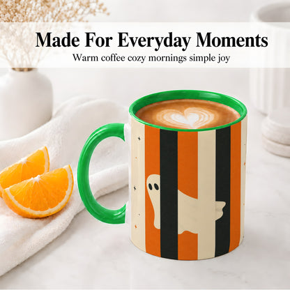 #pl[11oz|Green] Retro Ghost Stripe Ceramic Mug, Orange Black Halloween Artwork