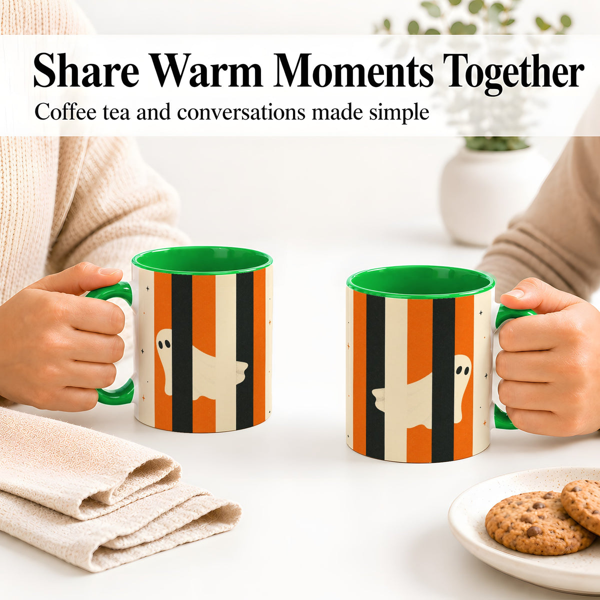 #pl[11oz|Green] Retro Ghost Stripe Ceramic Mug, Orange Black Halloween Artwork