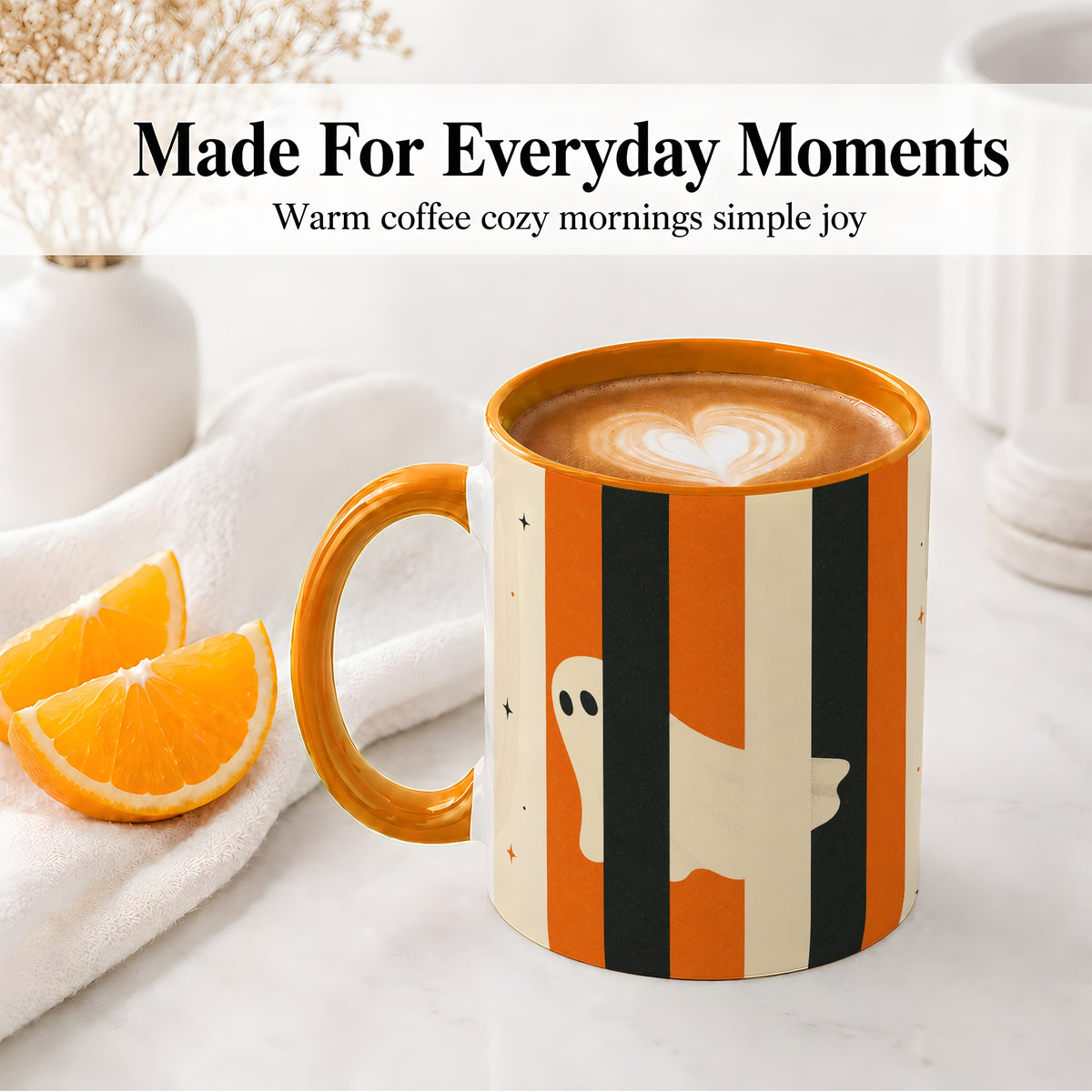 #pl[11oz|Orange] Retro Ghost Stripe Ceramic Mug, Orange Black Halloween Artwork