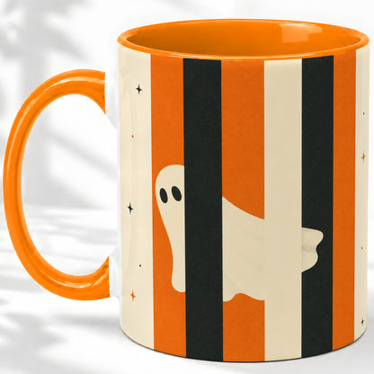 #pl[11oz|Orange] Retro Ghost Stripe Ceramic Mug, Orange Black Halloween Artwork