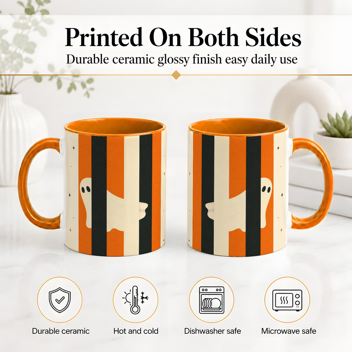 #pl[11oz|Orange] Retro Ghost Stripe Ceramic Mug, Orange Black Halloween Artwork