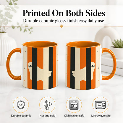 #pl[11oz|Orange] Retro Ghost Stripe Ceramic Mug, Orange Black Halloween Artwork