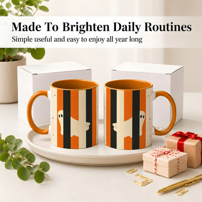 #pl[11oz|Orange] Retro Ghost Stripe Ceramic Mug, Orange Black Halloween Artwork