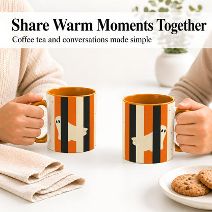 #pl[11oz|Orange] Retro Ghost Stripe Ceramic Mug, Orange Black Halloween Artwork