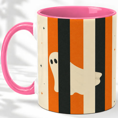 #pl[11oz|Pink] Retro Ghost Stripe Ceramic Mug, Orange Black Halloween Artwork