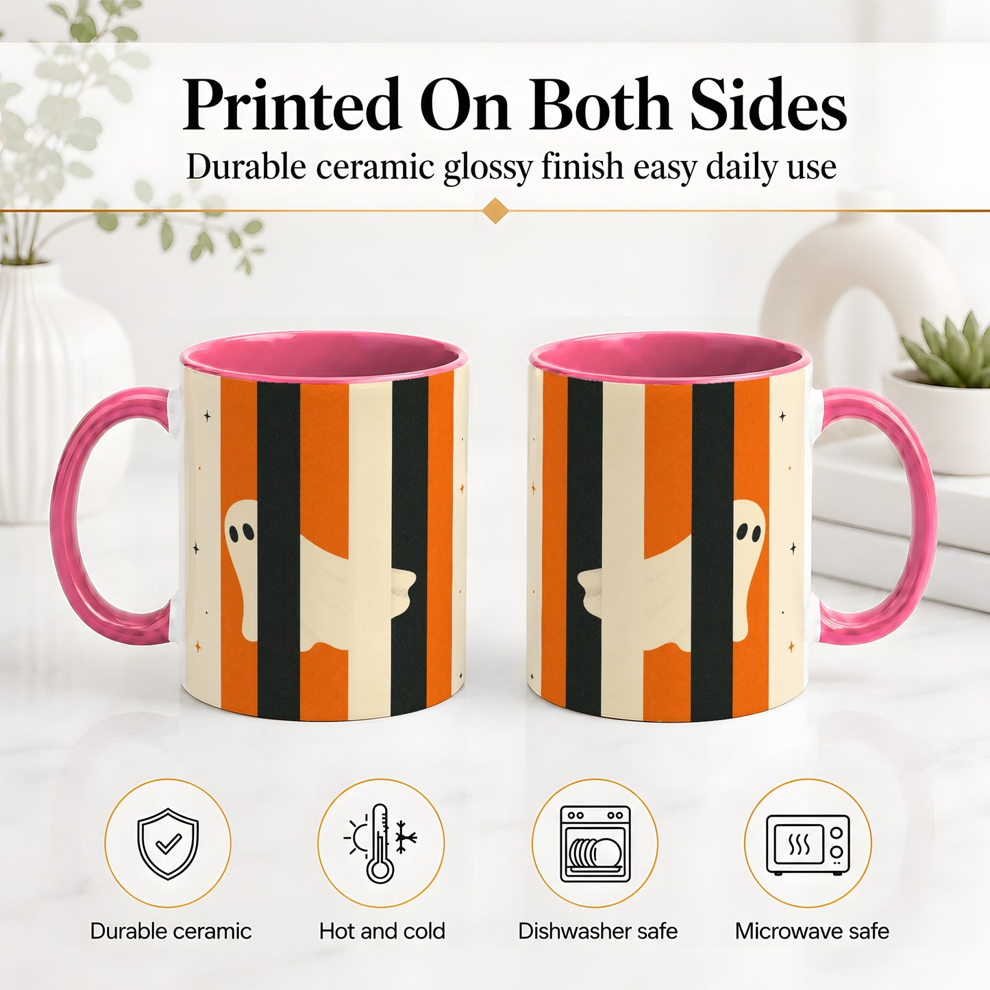 #pl[11oz|Pink] Retro Ghost Stripe Ceramic Mug, Orange Black Halloween Artwork