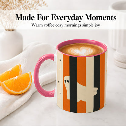 #pl[11oz|Pink] Retro Ghost Stripe Ceramic Mug, Orange Black Halloween Artwork