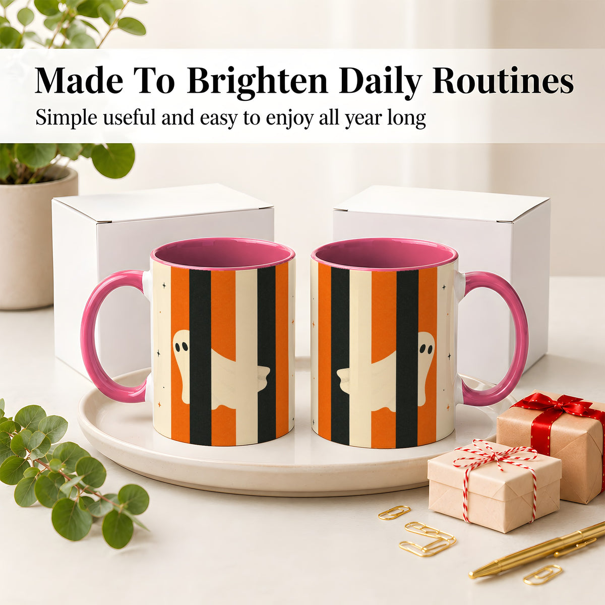 #pl[11oz|Pink] Retro Ghost Stripe Ceramic Mug, Orange Black Halloween Artwork