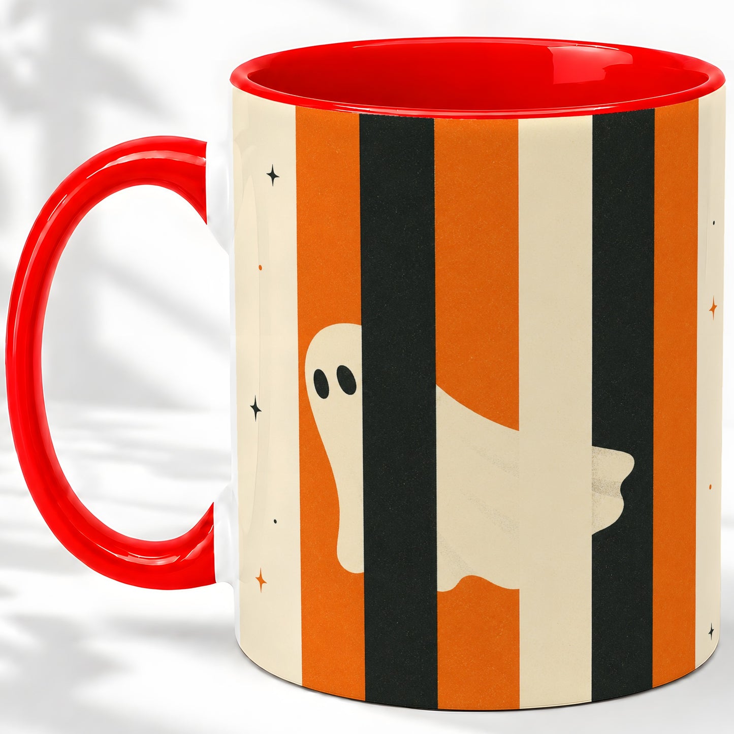 Retro Ghost Stripe Ceramic Mug, Orange Black Halloween Artwork