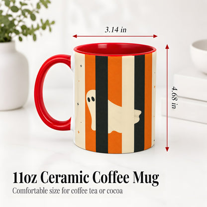 #pl[11oz|Red] Retro Ghost Stripe Ceramic Mug, Orange Black Halloween Artwork