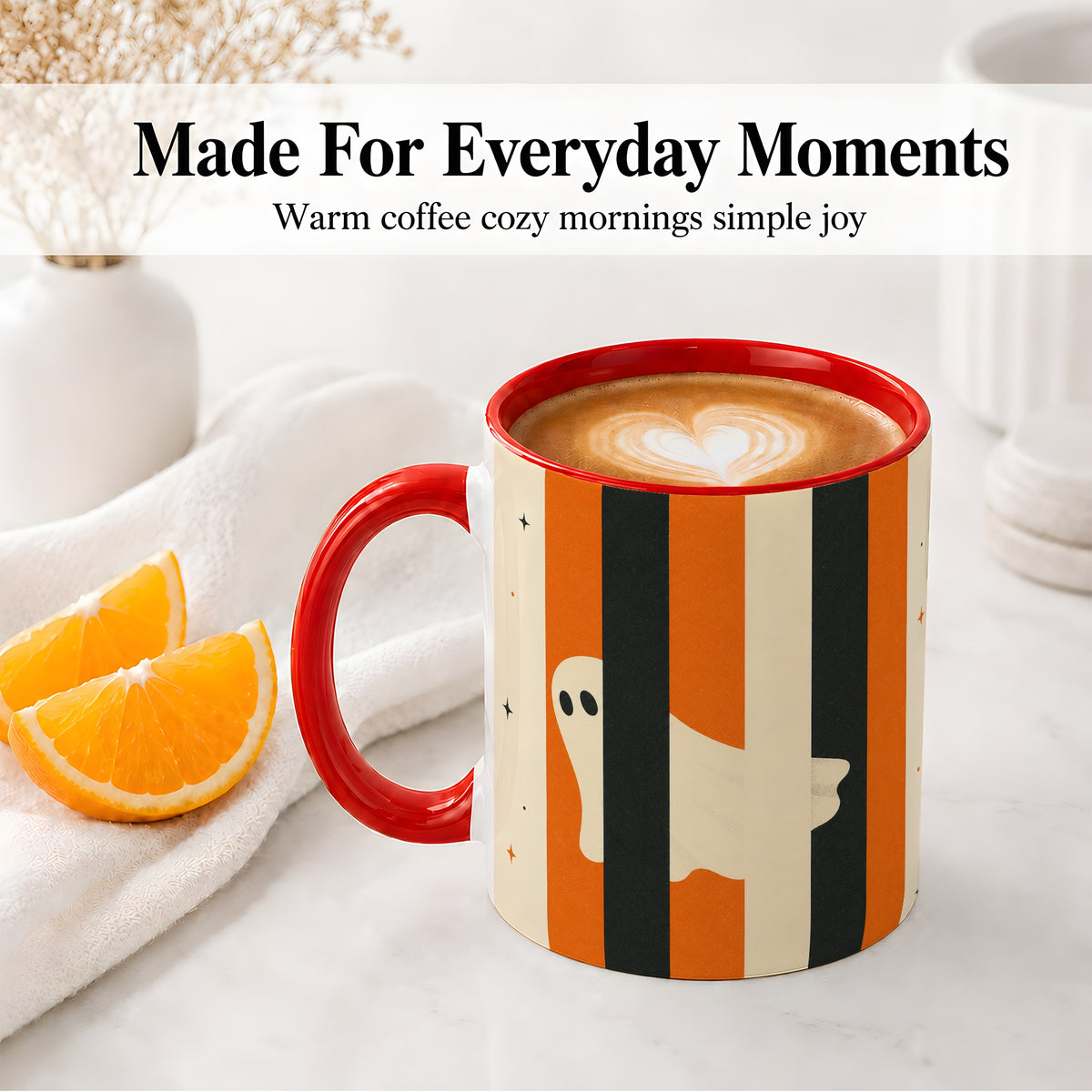 #pl[11oz|Red] Retro Ghost Stripe Ceramic Mug, Orange Black Halloween Artwork