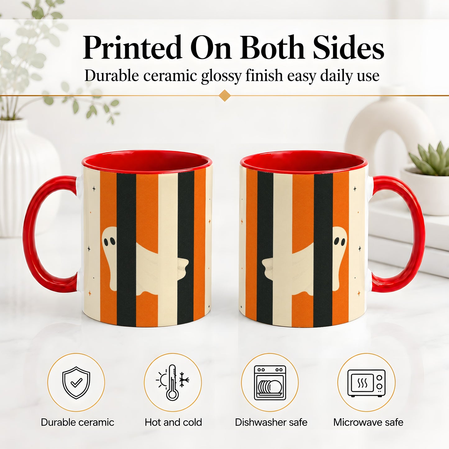#pl[11oz|Red] Retro Ghost Stripe Ceramic Mug, Orange Black Halloween Artwork