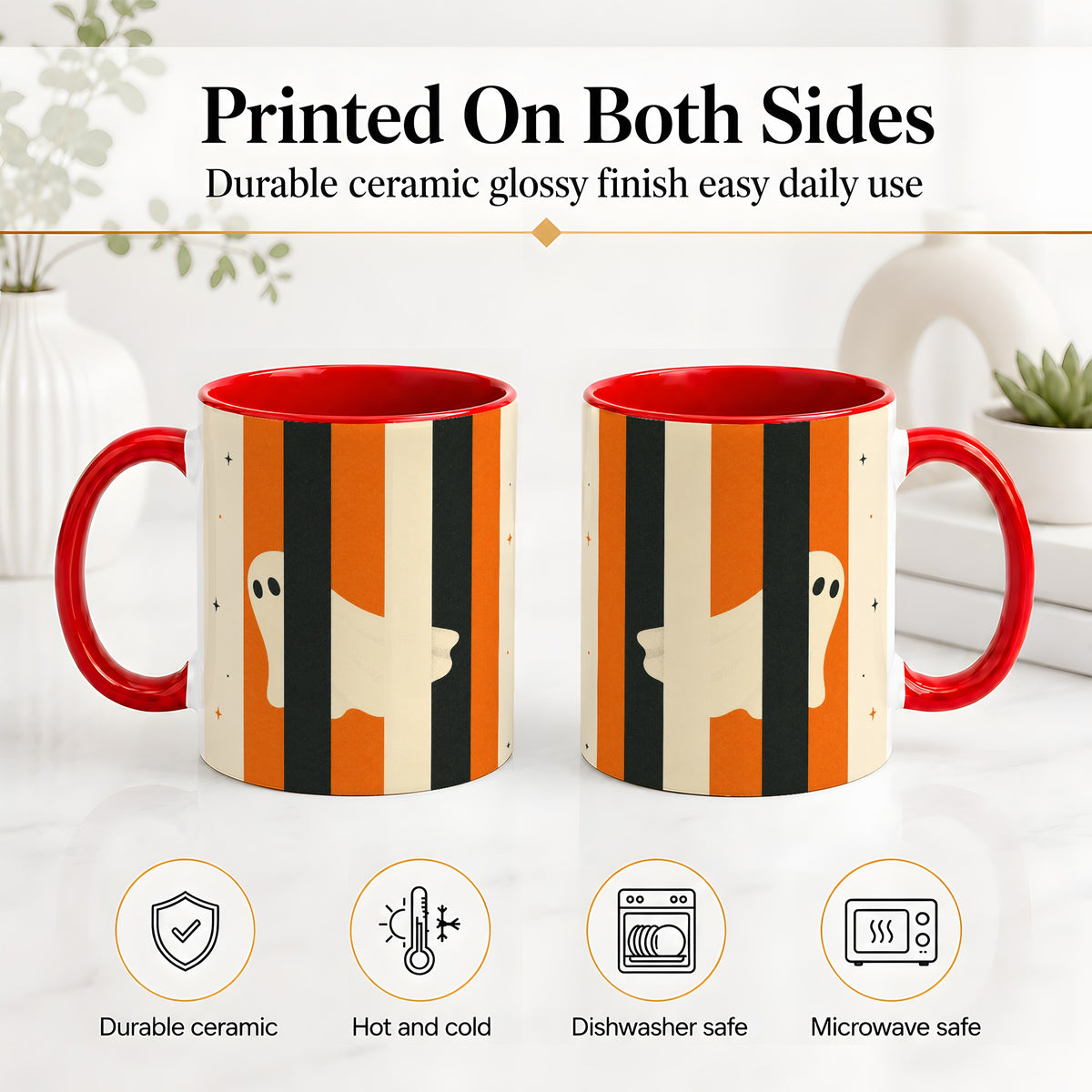 #pl[11oz|Red] Retro Ghost Stripe Ceramic Mug, Orange Black Halloween Artwork