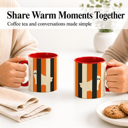 #pl[11oz|Red] Retro Ghost Stripe Ceramic Mug, Orange Black Halloween Artwork