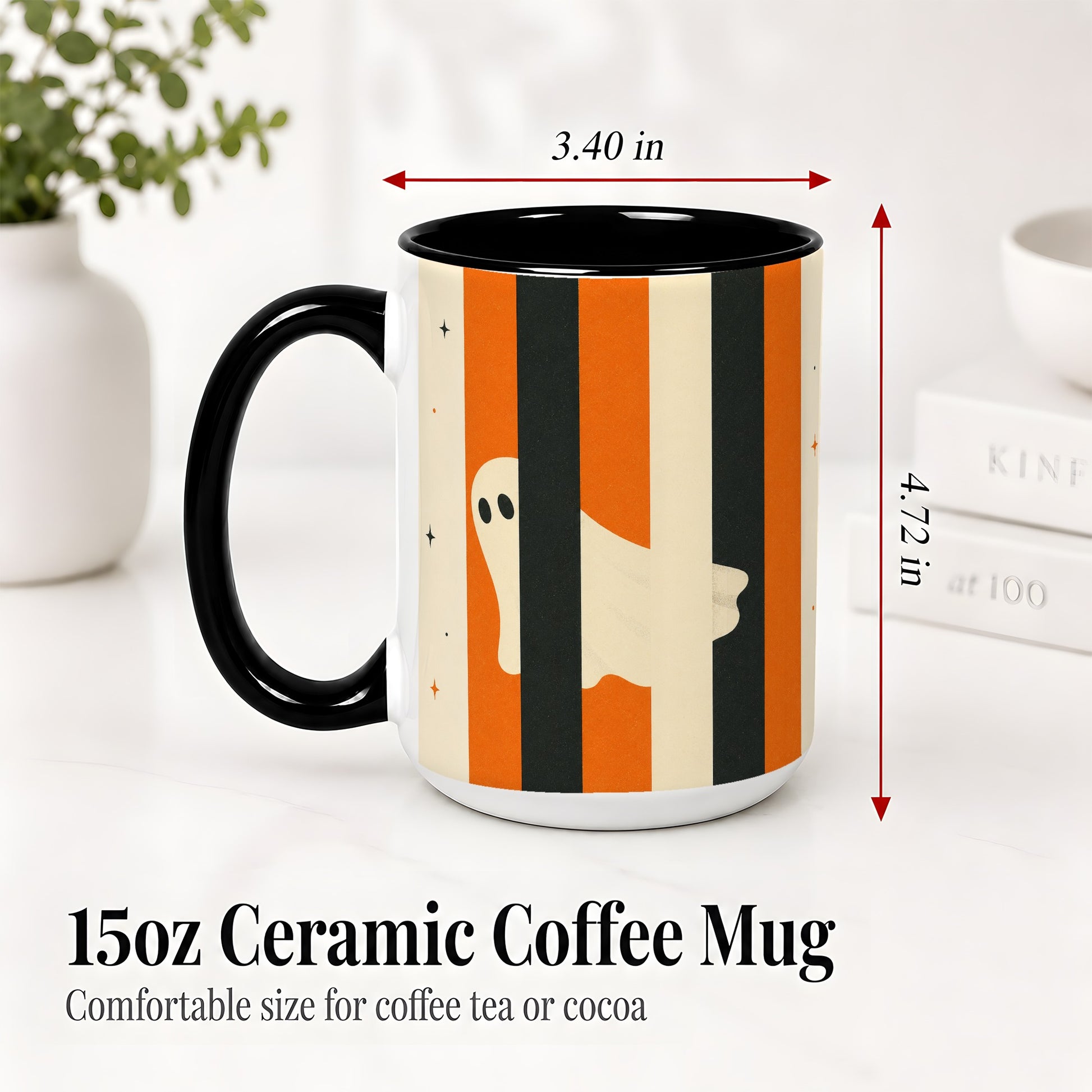 #pl[15oz|Black] Retro Ghost Stripe Ceramic Mug, Orange Black Halloween Artwork