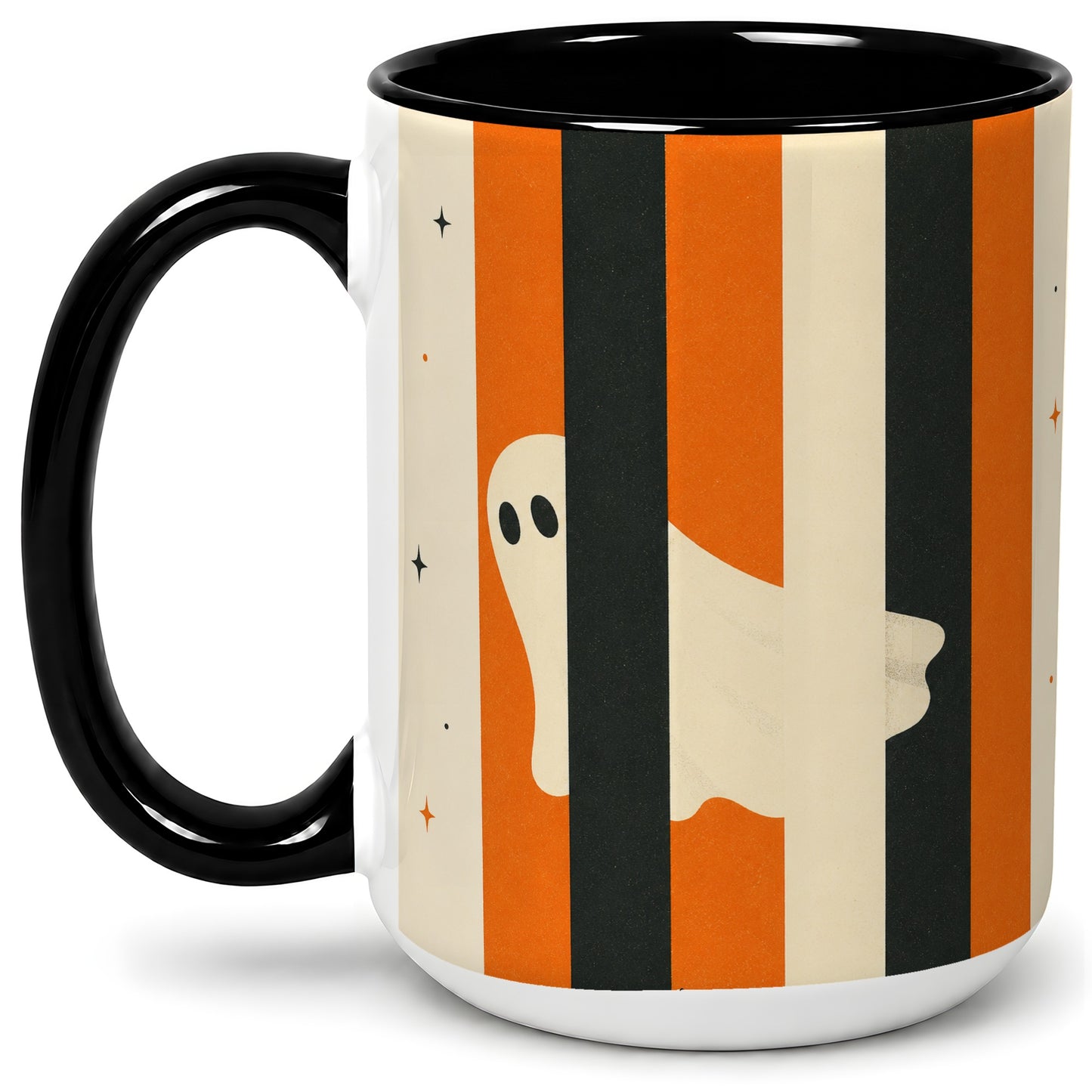 #pl[15oz|Black] Retro Ghost Stripe Ceramic Mug, Orange Black Halloween Artwork