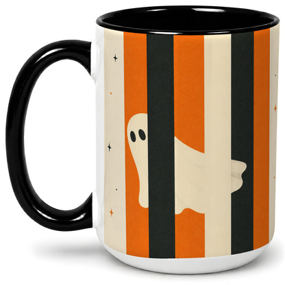 #pl[15oz|Black] Retro Ghost Stripe Ceramic Mug, Orange Black Halloween Artwork