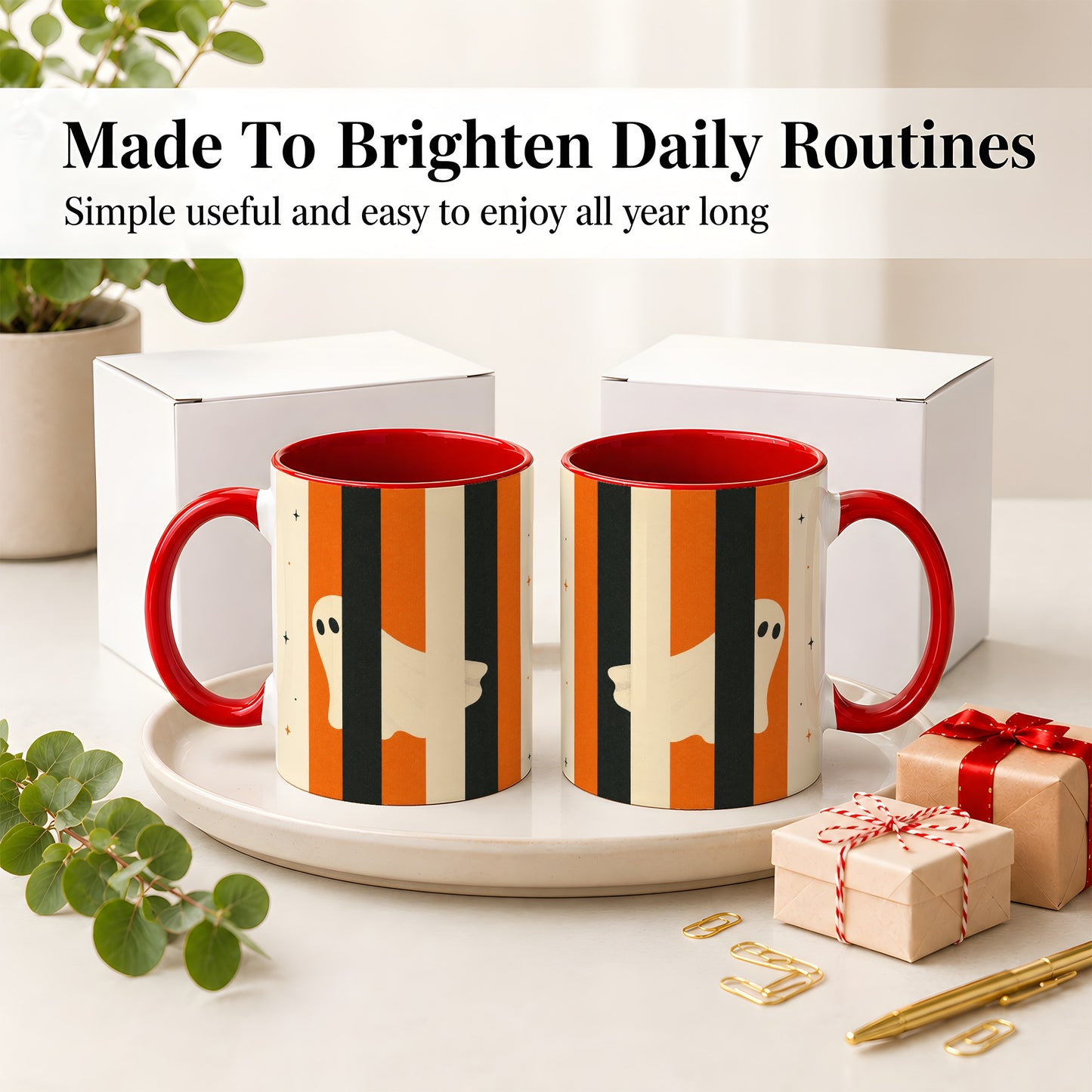 #pl[11oz|Red] Retro Ghost Stripe Ceramic Mug, Orange Black Halloween Artwork