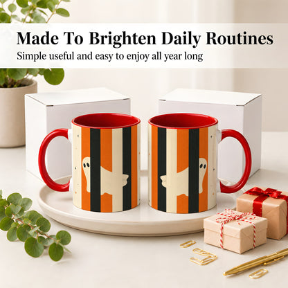 #pl[11oz|Red] Retro Ghost Stripe Ceramic Mug, Orange Black Halloween Artwork