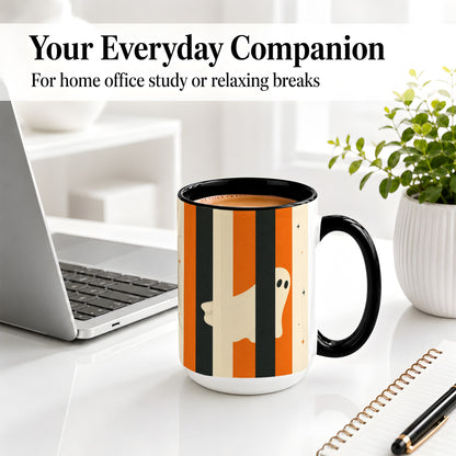 #pl[15oz|Black] Retro Ghost Stripe Ceramic Mug, Orange Black Halloween Artwork