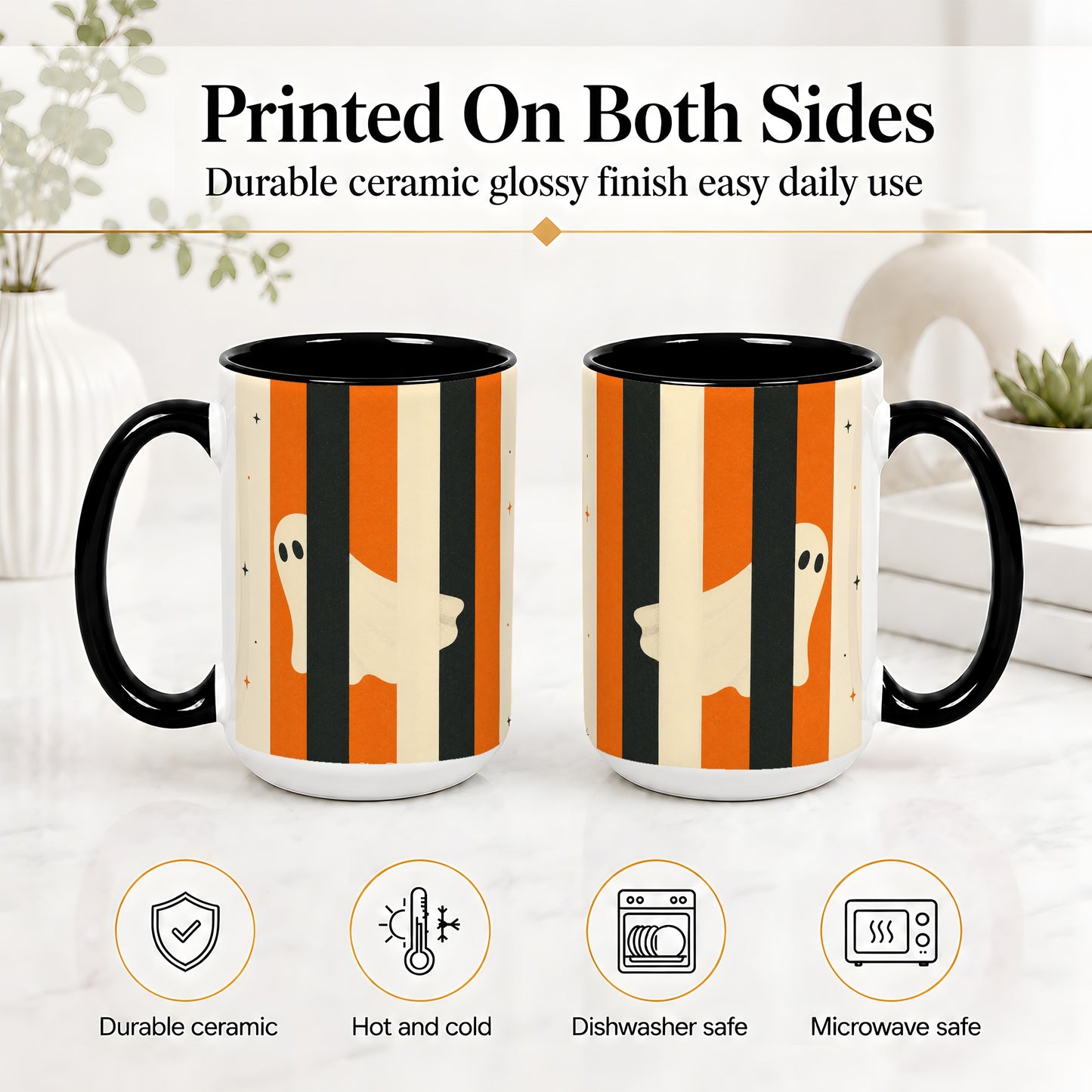 #pl[15oz|Black] Retro Ghost Stripe Ceramic Mug, Orange Black Halloween Artwork