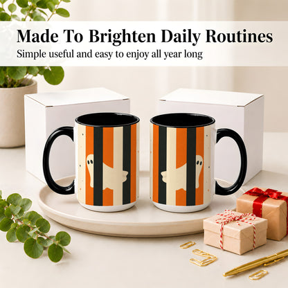 #pl[15oz|Black] Retro Ghost Stripe Ceramic Mug, Orange Black Halloween Artwork