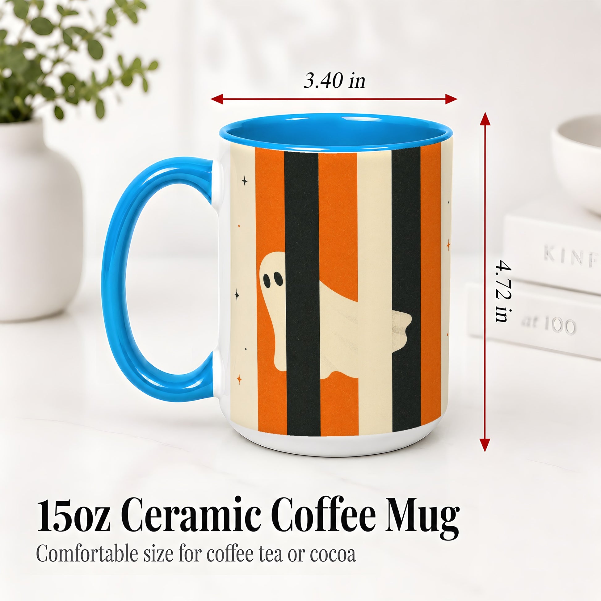 #pl[15oz|Blue] Retro Ghost Stripe Ceramic Mug, Orange Black Halloween Artwork