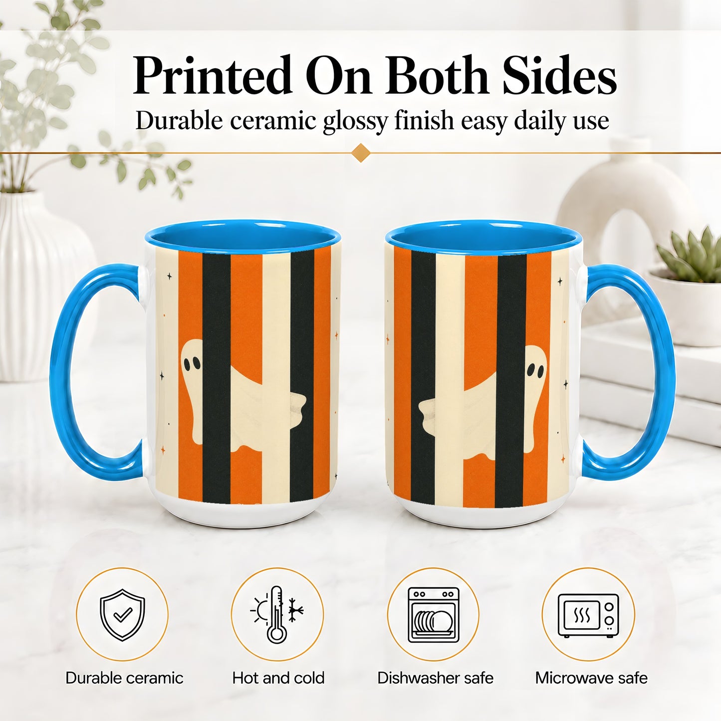 #pl[15oz|Blue] Retro Ghost Stripe Ceramic Mug, Orange Black Halloween Artwork