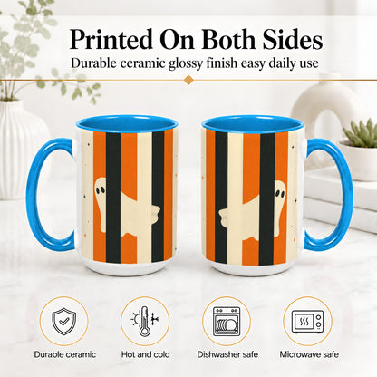 #pl[15oz|Blue] Retro Ghost Stripe Ceramic Mug, Orange Black Halloween Artwork