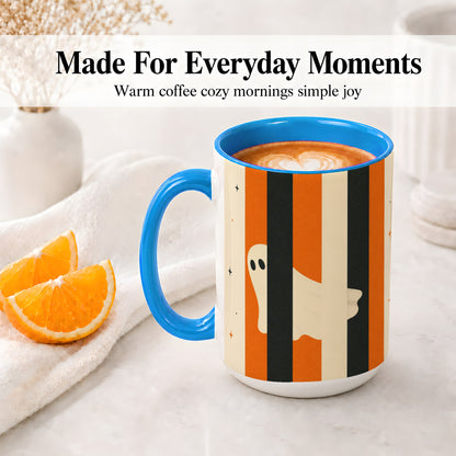 #pl[15oz|Blue] Retro Ghost Stripe Ceramic Mug, Orange Black Halloween Artwork