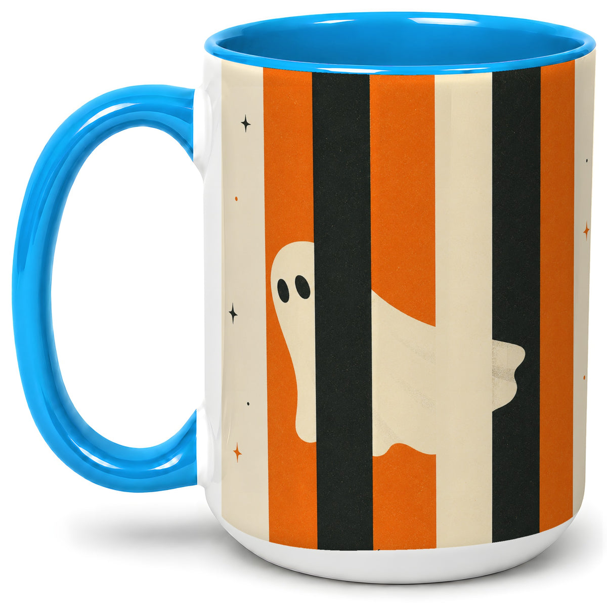 #pl[15oz|Blue] Retro Ghost Stripe Ceramic Mug, Orange Black Halloween Artwork
