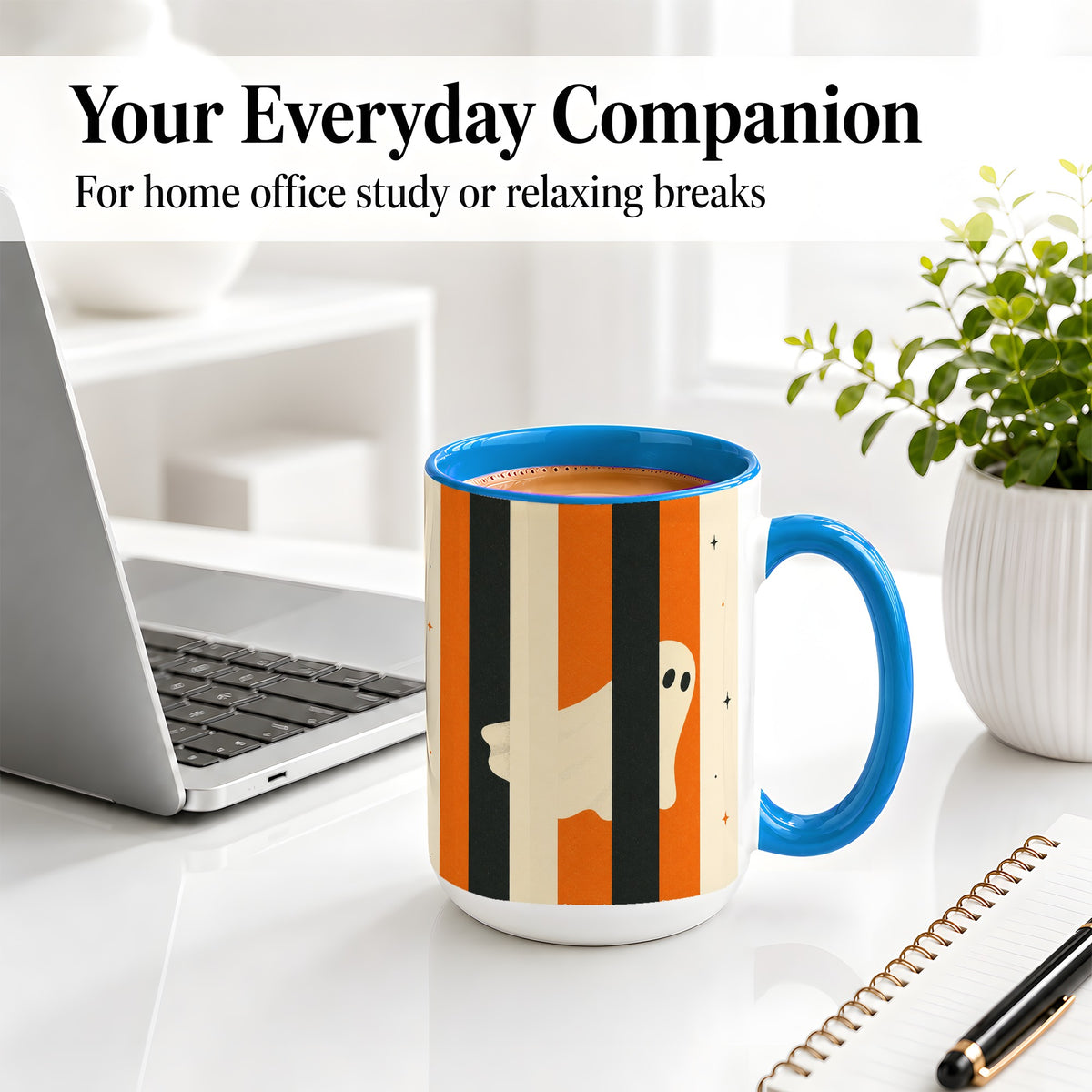 #pl[15oz|Blue] Retro Ghost Stripe Ceramic Mug, Orange Black Halloween Artwork