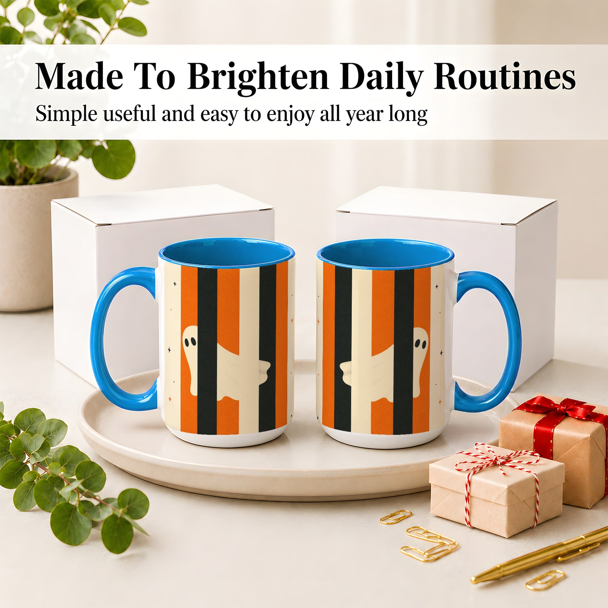 #pl[15oz|Blue] Retro Ghost Stripe Ceramic Mug, Orange Black Halloween Artwork