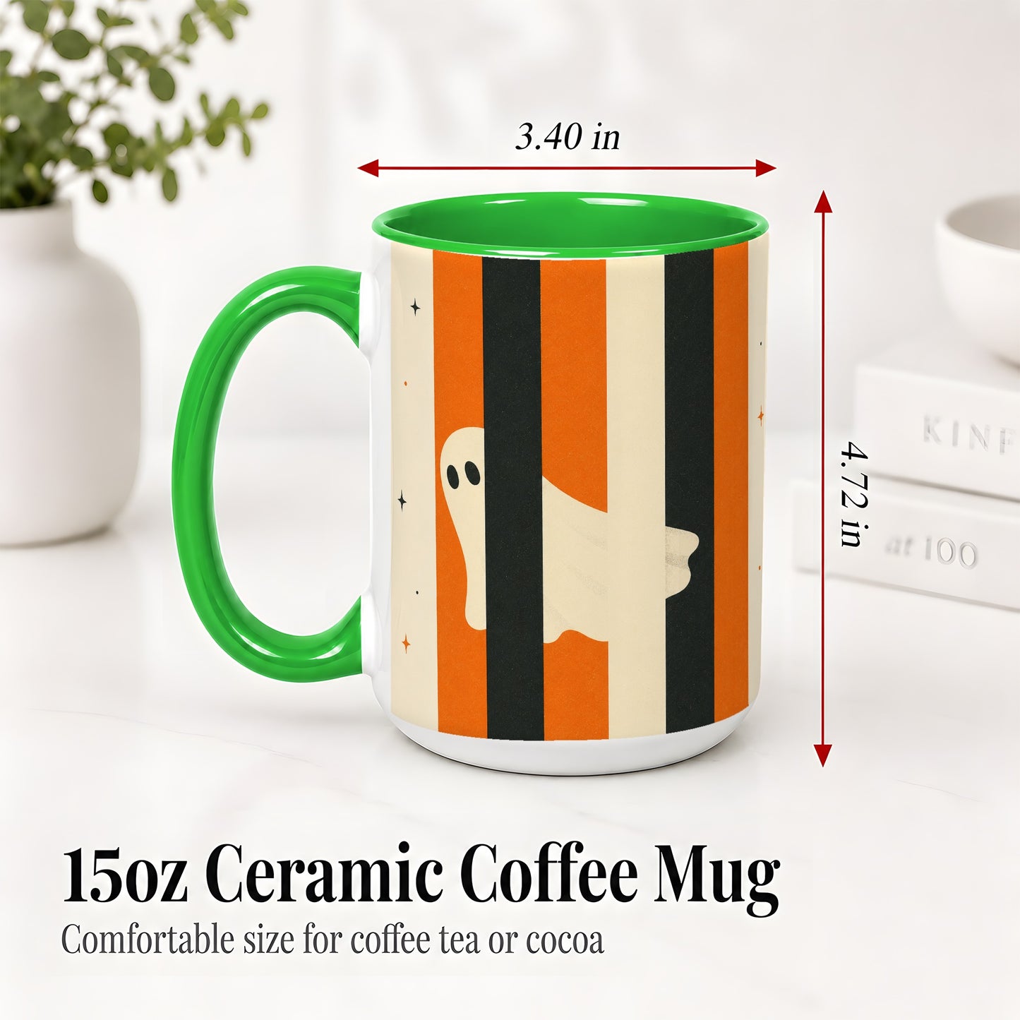 #pl[15oz|Green] Retro Ghost Stripe Ceramic Mug, Orange Black Halloween Artwork