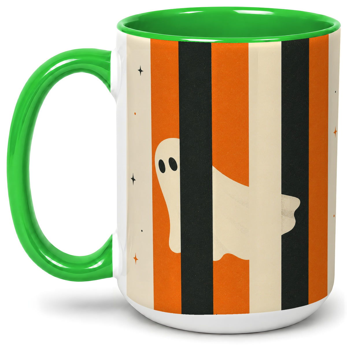 #pl[15oz|Green] Retro Ghost Stripe Ceramic Mug, Orange Black Halloween Artwork